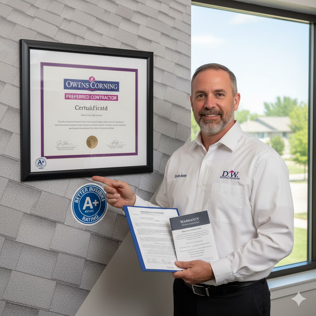 D.W. Roofing owner shakes hands next to Owens Corning Preferred Contractor banner, Toledo OH.